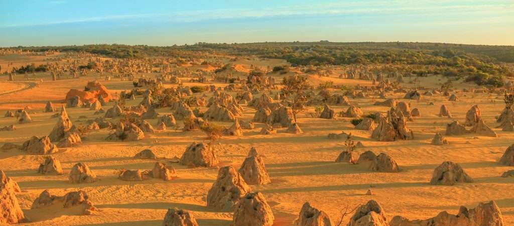 Save Download Preview Aerial view of the valley of the Pinnacles Desert of Nambung National Park at sunset